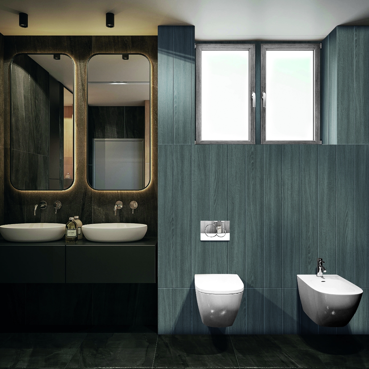A dark green bathroom with wall-hung toilets and vanity sink
