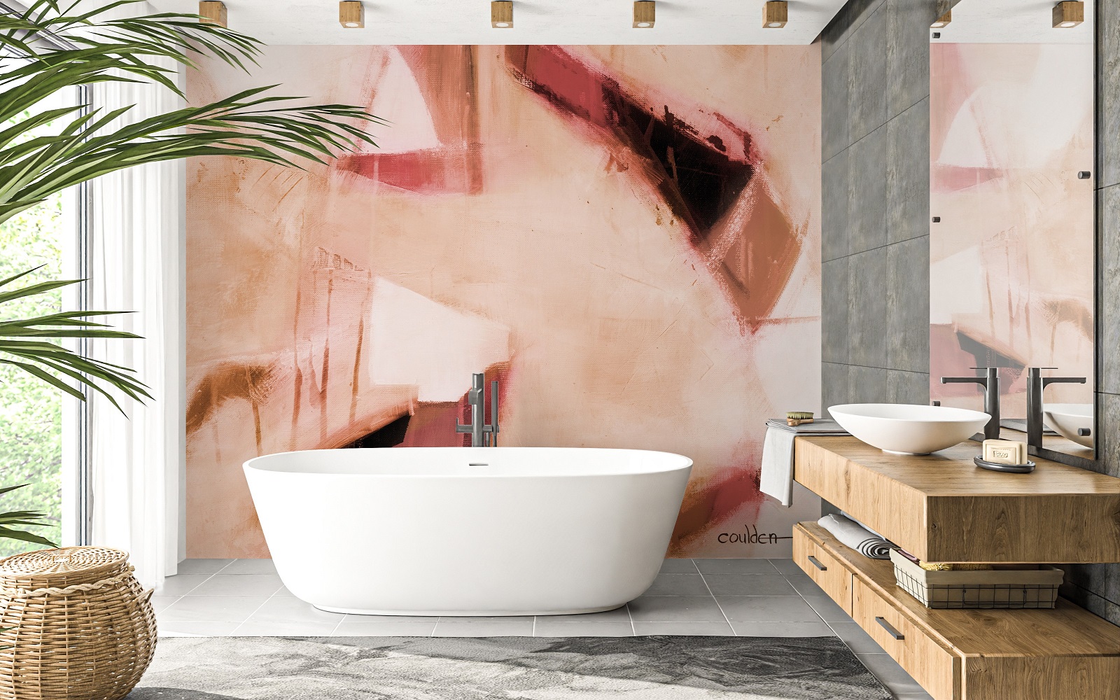 abstract glass panel behind the bath painted in raw earth colours by Red Dog Glass Design