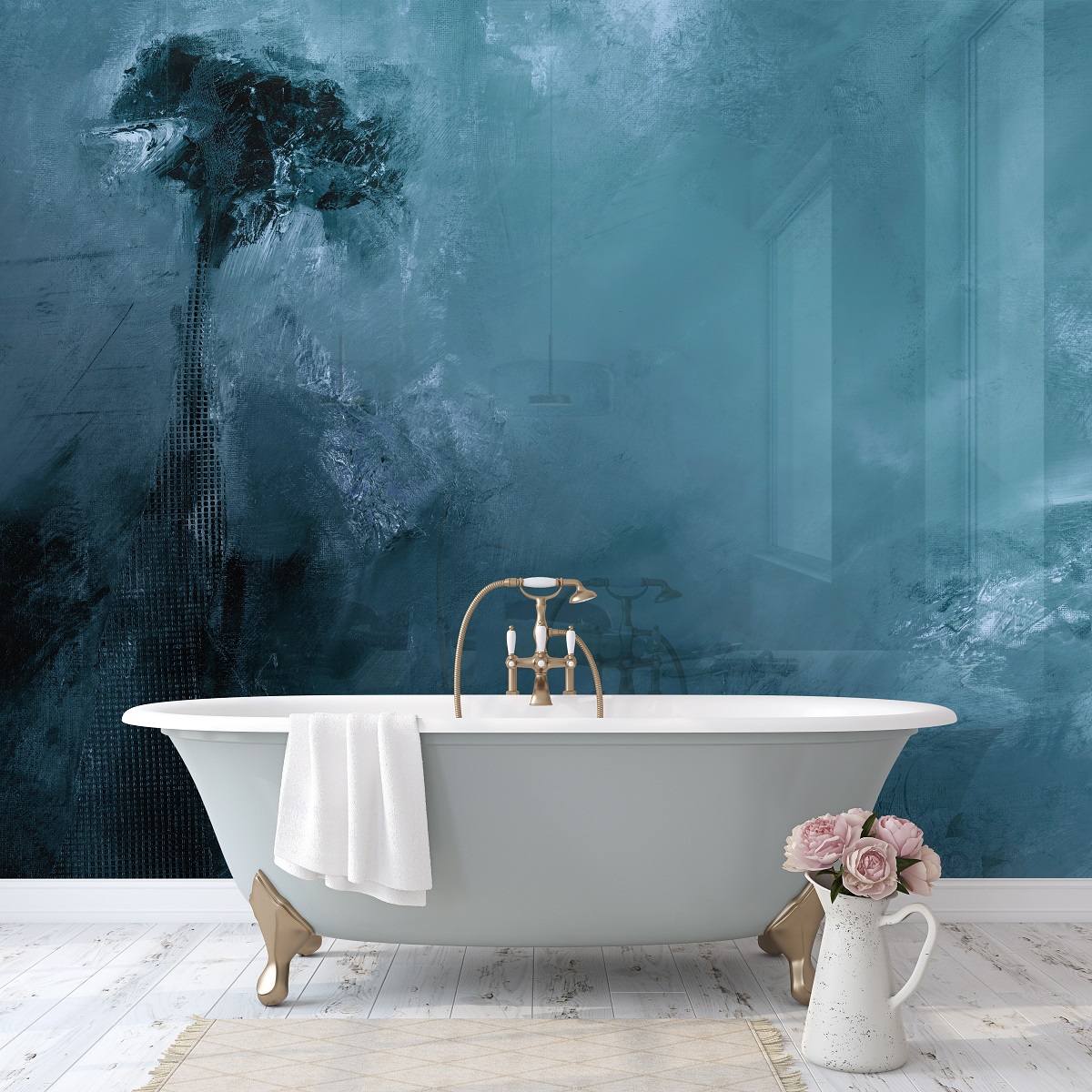freestanding bath with full wall panel behind in ocean blues by Red dog Glass Design