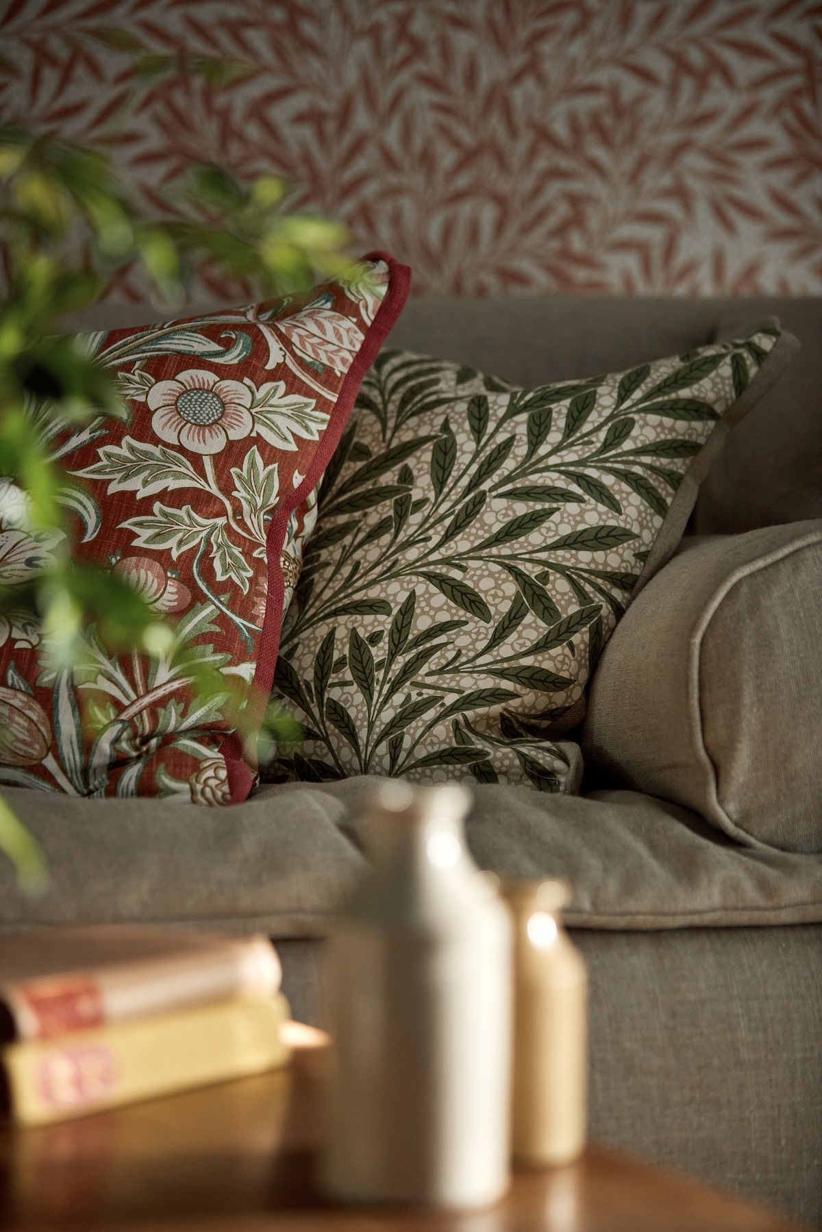 scatter cushions in Morris & Co fabric on couch