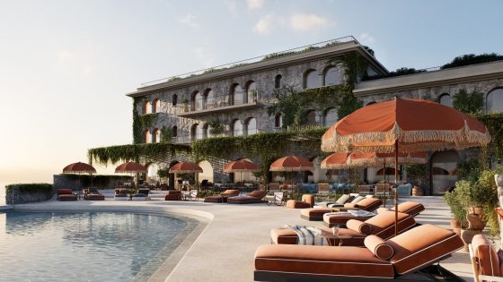 Zannier Hotels Île de Bendor artist render of view around pool with orange umbrellas and sunloungers