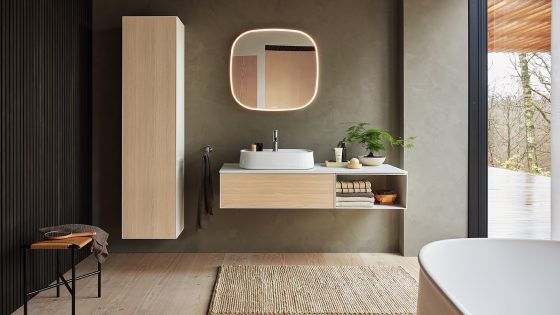 Duravit Zencha designs in bathroom with mirror and vanity unit with wood finish