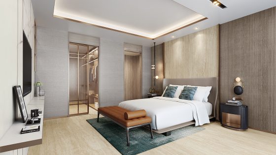 A modern, contemporary hotel room with Atlas Concorde walls
