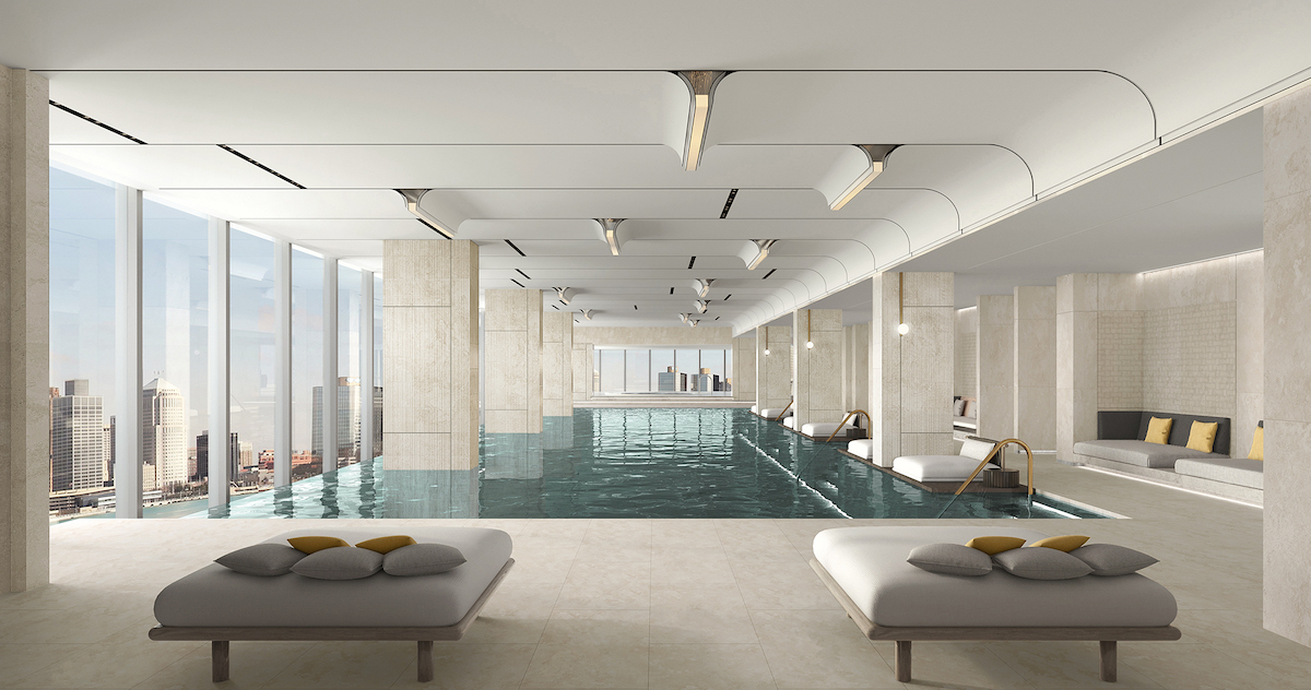 A render of a spa with white walls and luxury furniture