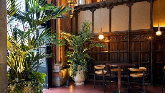 wood panelling and green plants in hotel entrance by Leaflike