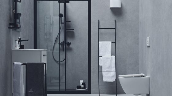 A grey and black modern bathroom setting