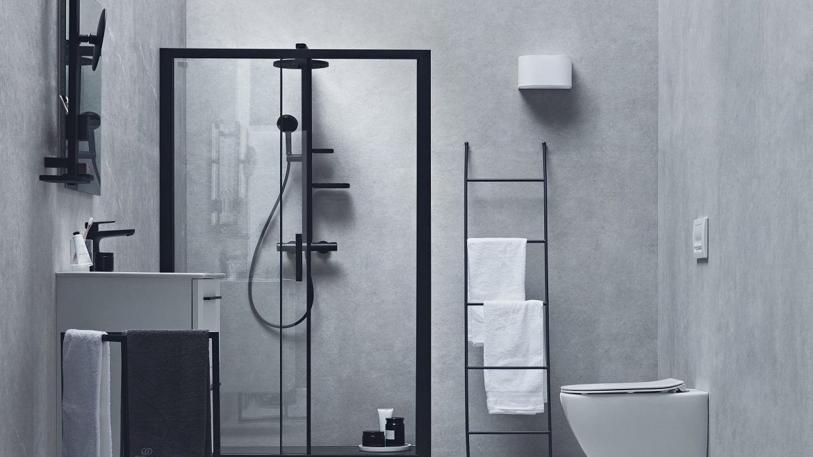 black white and grey shower and bathroom finishes in the alu+ range from Ideal Standard