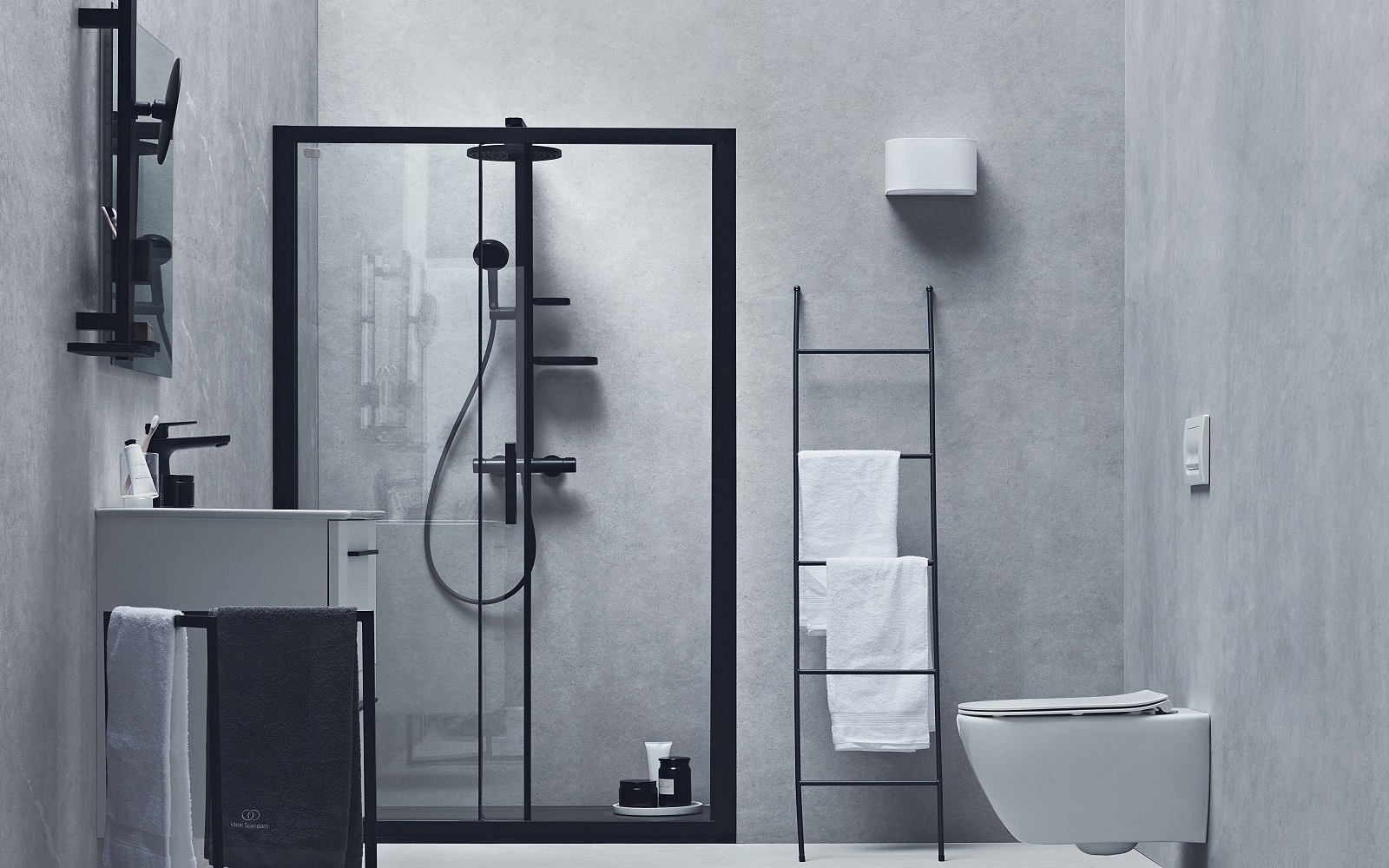 black white and grey shower and bathroom finishes in the alu+ range from Ideal Standard