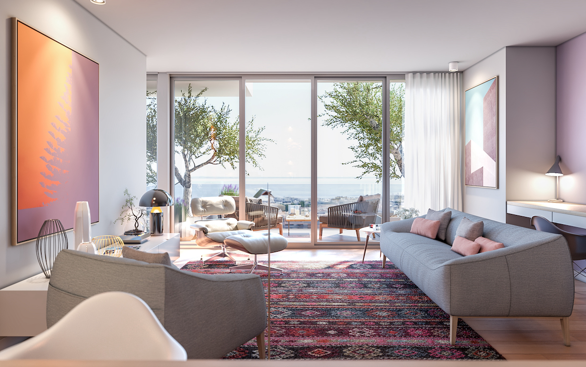 A render of luxury modern interiors at aparthotel in Lisbon
