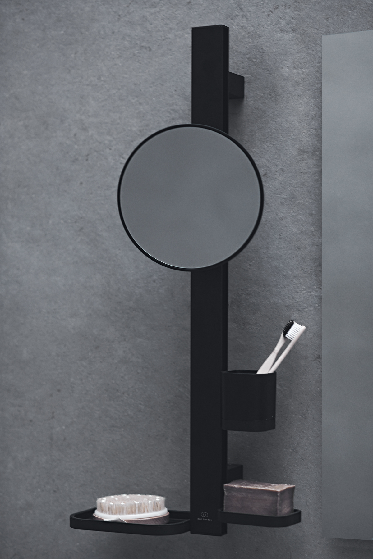 shower mirror and storage solutions intergrated into the matt black shower fitting by Ideal Standard