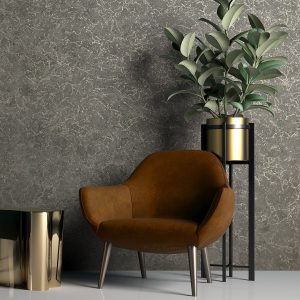 brown chair next to a small gold table and a potplant all in front of Newmor Carrara wallcovering