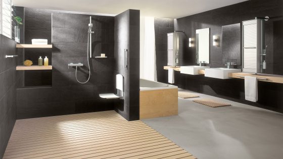 black and white and wood bathroom design with bath, shower and double basin by KEUCO