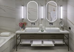 bathroom with marble and wood in Mandarin Oriental Palace Lucerne by Jestico + Whiles
