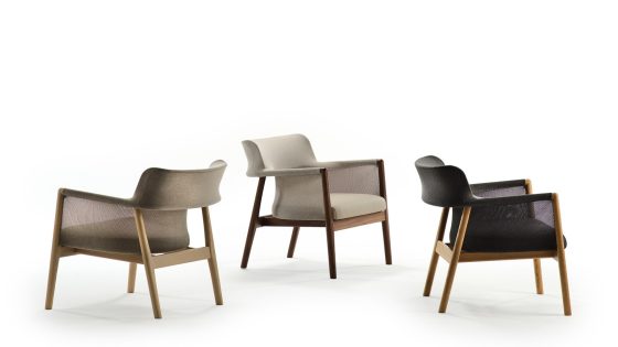 three Morgan Aran lounge chairs in profile on white background