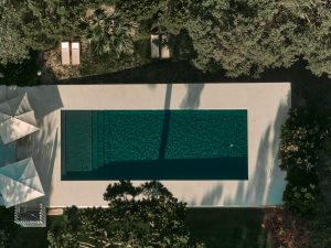 aerial view of dark green swimming pool with white surround in the middle of trees and gardens