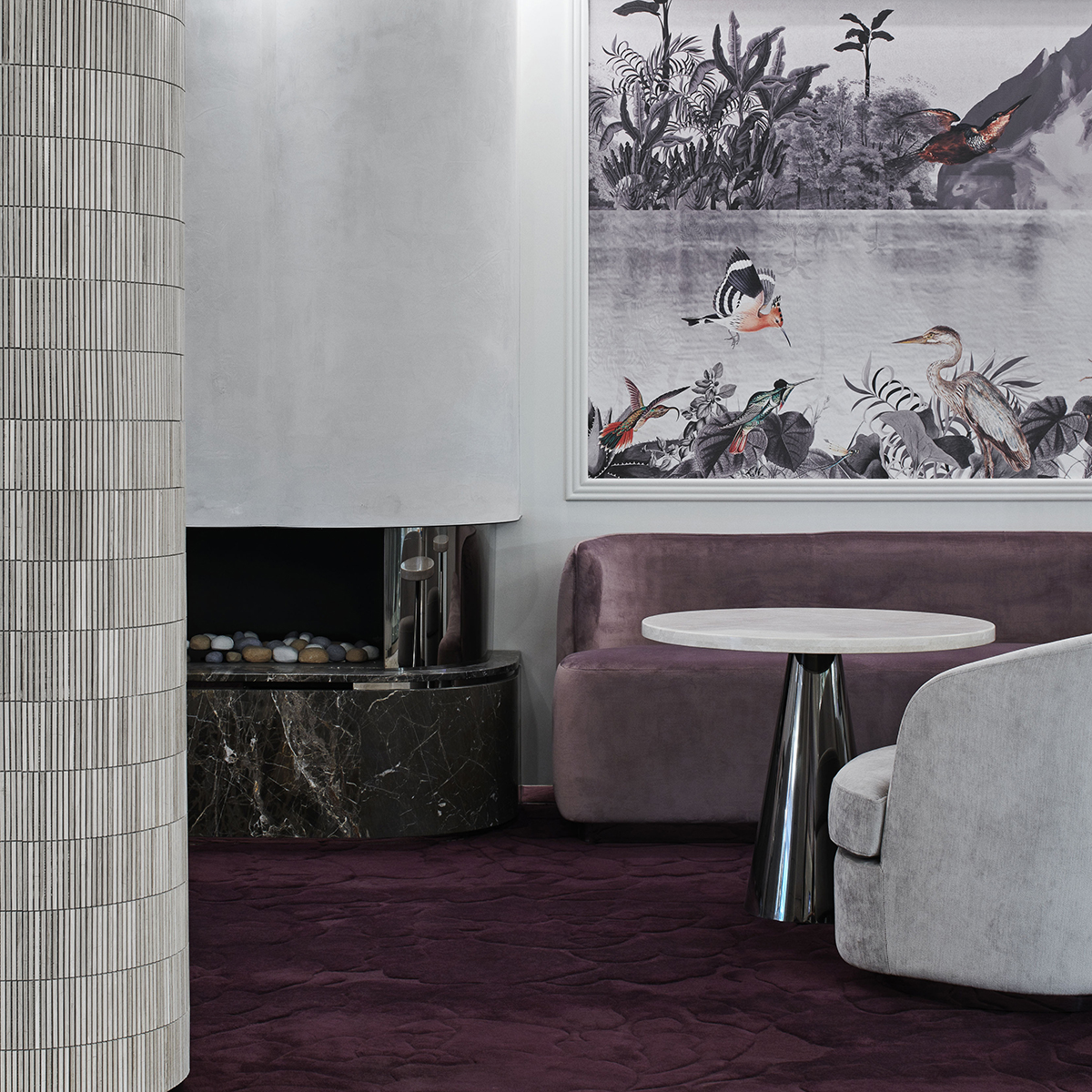 shades of lilac on the floor an furniture with silver and grey accents in public areas in The Royce Hotel