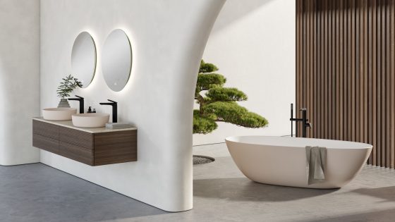 Contemporary bathroom with white freestanding bath and wooden-like sink