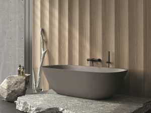 stone coloured theano bath by Villeroy & Boch set on a stone surface