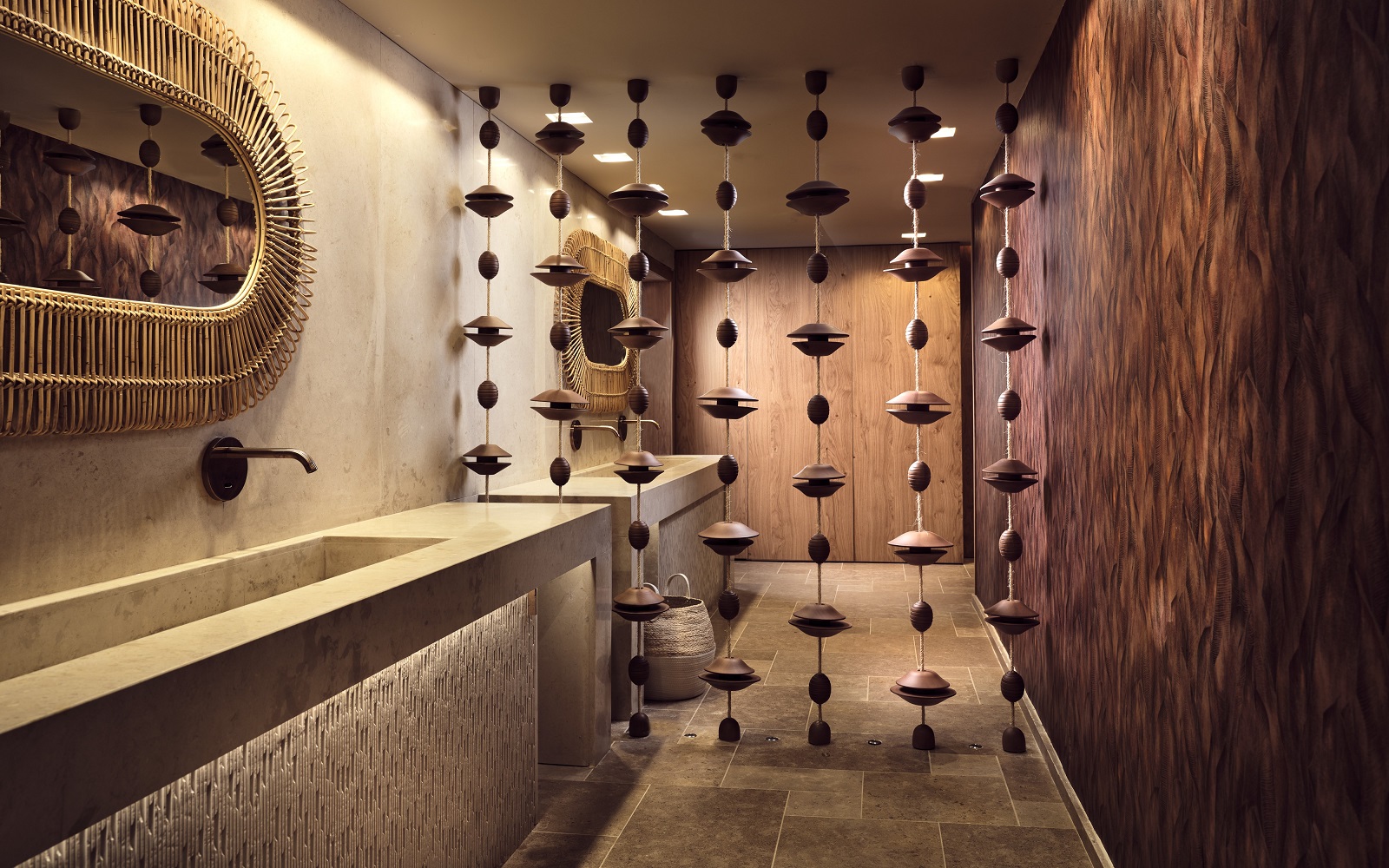 bathroom in stone and wood with sculptural wooden curtain beads by studio LOST Royal senses Crete