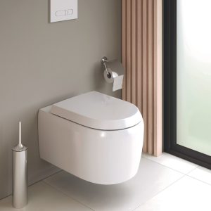 white wall hung toilet with soft curved edges designed by Studio Porsche for duravit quatego