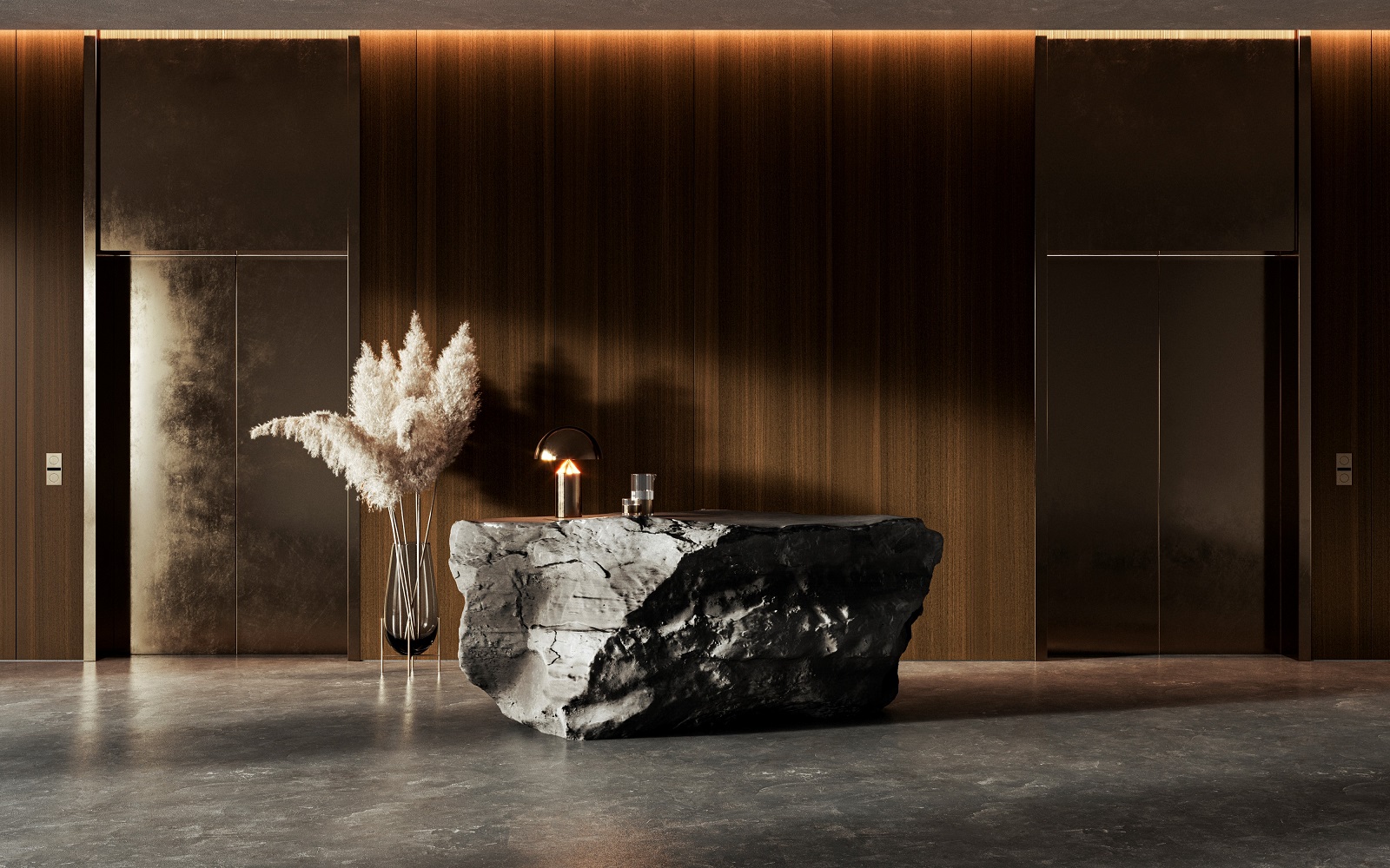 lobby with dark wood veneer walls behind rock form of desk and plants