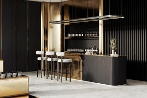 dark wood veneer used wrapped around a counter and bar area with gold contrast details