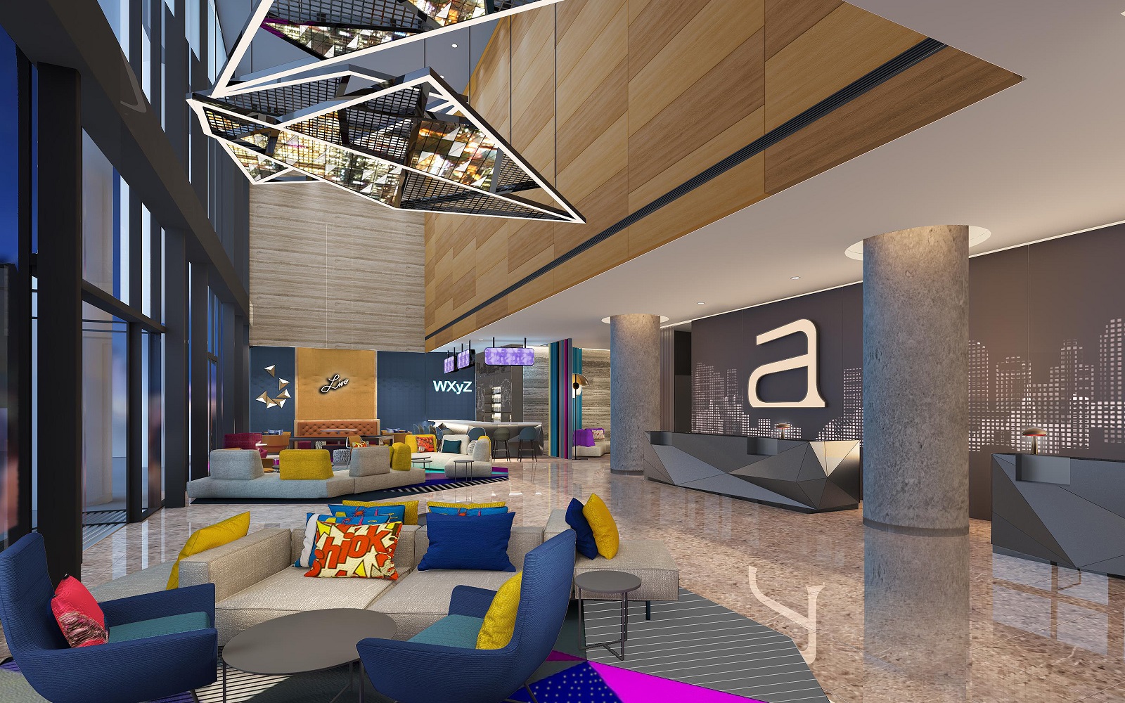bright colours and geometric shapes in render of the lobby of Aloft Singapore