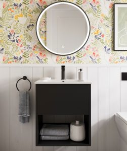 floral wallpaper with round bathroom mirror above wall hung vanity unit from Britton