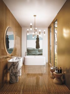 boutique marble basin and freestanding bath beneath a dramatic portrait with surfaces covered in Canal Grande brown tiles