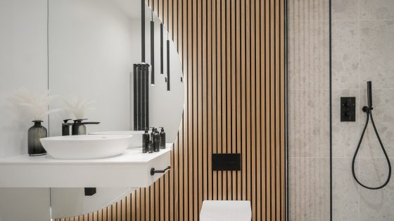 zen inspired bathroom in white and natural wood with circular design elements and fittings from Lusso