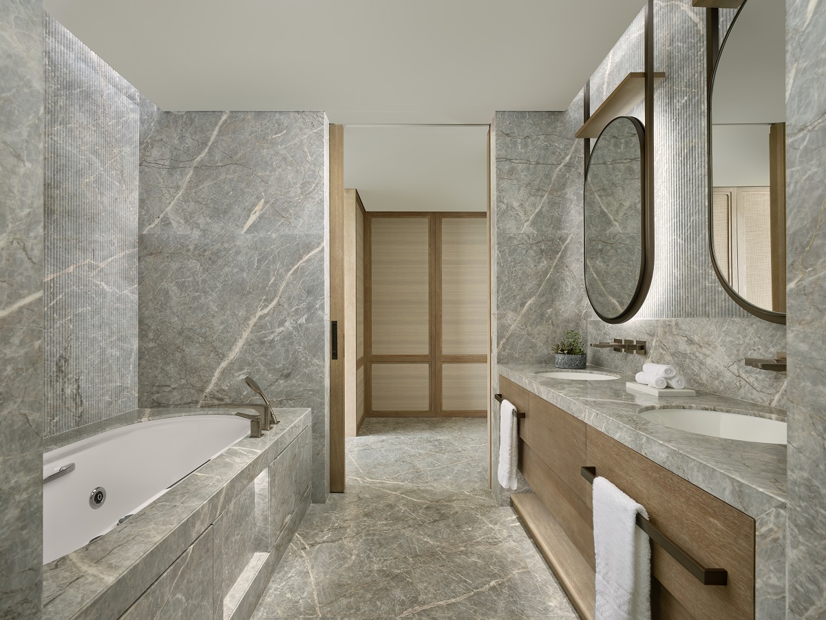 marble and wood and bamboo in luxury bathroom in hotel in Hong Kong
