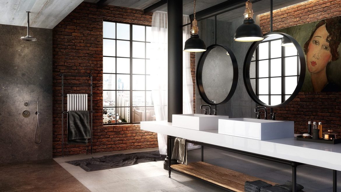 industrial style bathroom with open shower, exposed brick and art above the vanity , with fittings from GRAFF