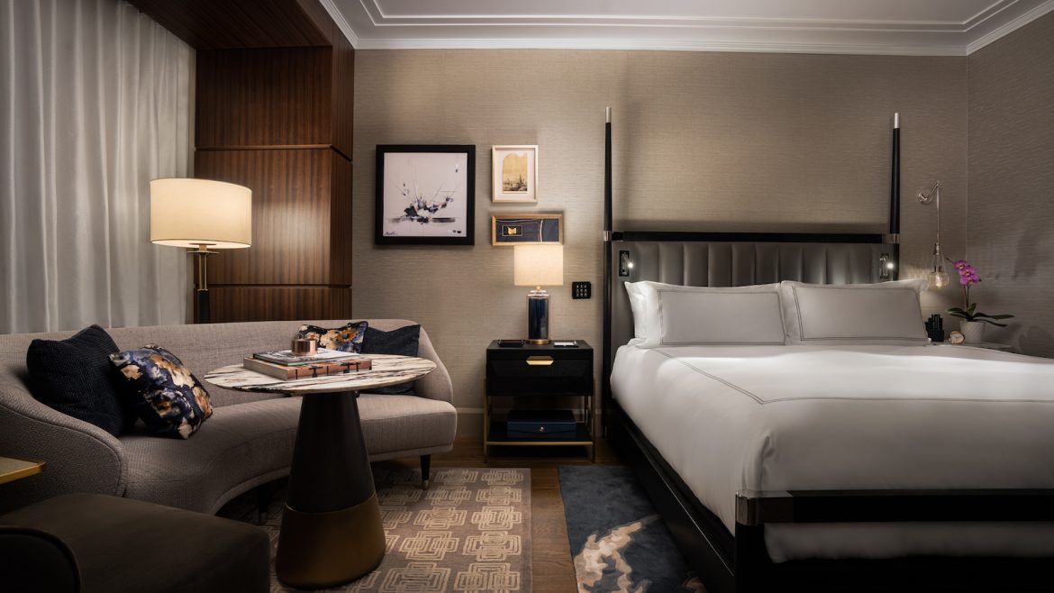 Guestroom render of dark and luxury Raffles Boston bedroom