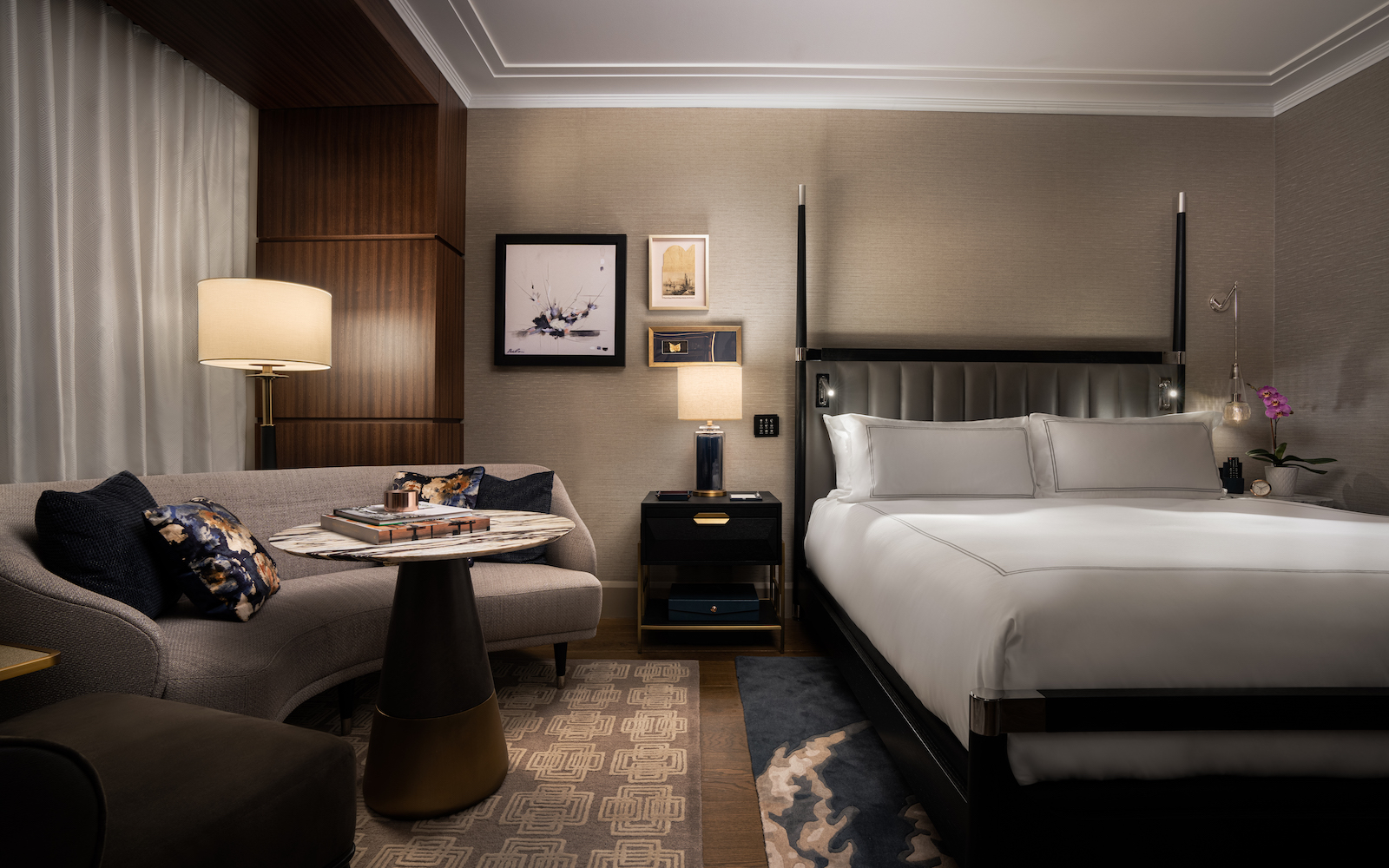 Guestroom render of dark and luxury Raffles Boston bedroom