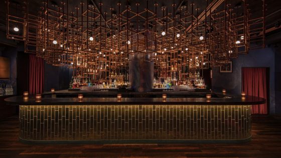 statement structural grid lighting feature above the bar in Loosies Bar in Moxy Lower East side