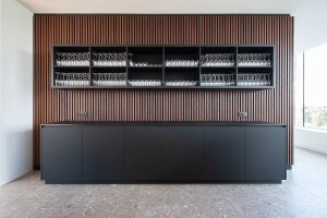 brown and black bar with wooden printed melamine surface material