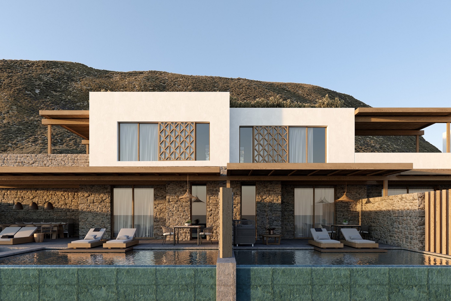 new suites at BILL & COO built against the hills on Mykonos with private terrace and pool