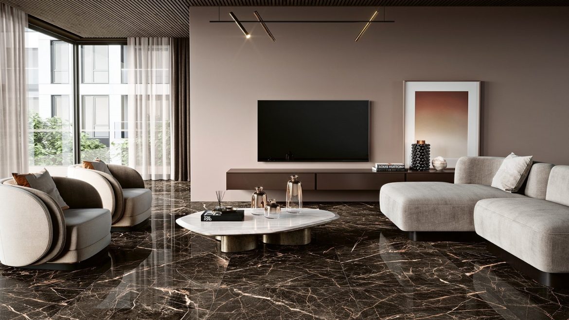 brown marble look tiles from CTD Tiles on the floor with white organic furniture in living room setting