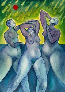 painting of three nude women in shades of blue and green by artist Olivia Mansfield