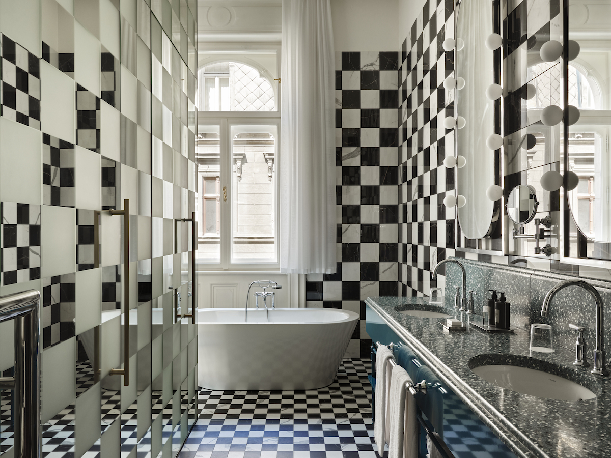 W Budapest black and white tiled bathroom