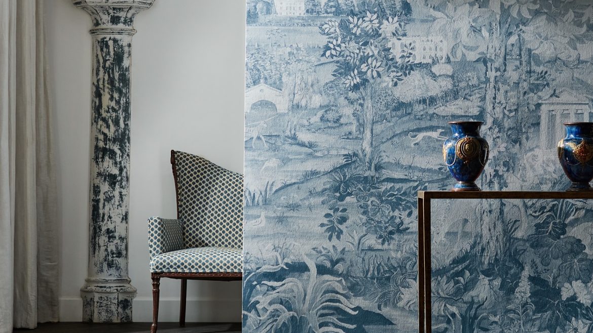 blue column against a white wall in the background with wallpapered foreground in blue zoffany arcadian collection
