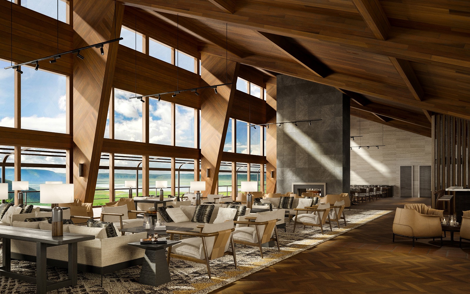wooden beams and floor to ceiling windows with views across the veld in the lobby at Melia Ngorongoro Lodge