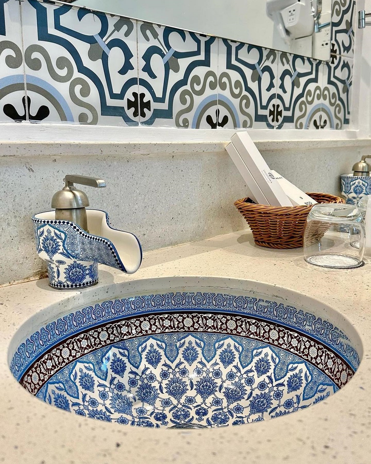 blue arabic inspired ceramic basin and tap