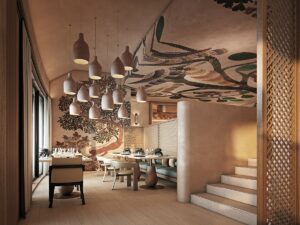 restaurant with statement mosaic and clustered lighting in organic shapes and colours in mauritius