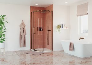 white and brown bathroom with white freestanding bath and a curved glass and bronze finish shower enclosure