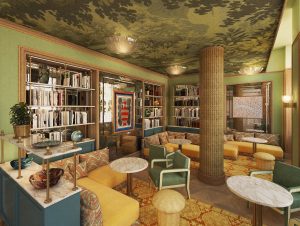 lobby in La Fantaisie with wallpaper of foliage on the ceiling, spring green walls and yellow seating
