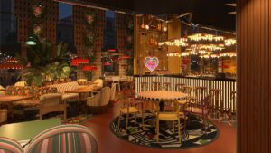 low lighting and comfortable eclectic seating in a mix of patterned fabric in restaurant space of Mama Shelter Dijon