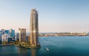 view from across the bay to the Mandarin Oriental Miami and Residences at One Island Drive