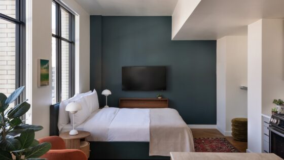 aparthotel guestroom suite with bed in front of dark blue wall and plants in the foreground