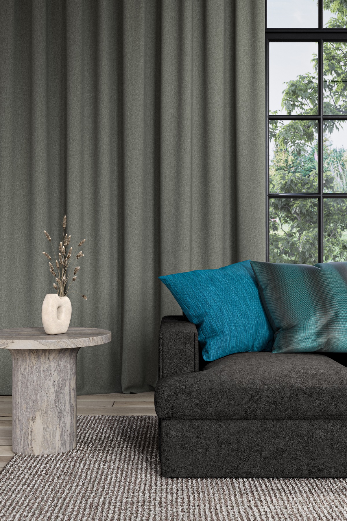 Reset blackout fabric in grey curtains behind a brown couch with blue cushions